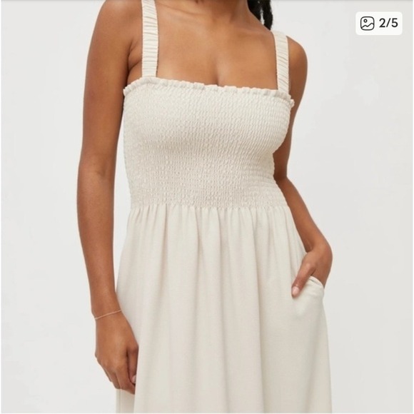 Hill House Home Nap Dress Smocked Maxi Dress Beige L Pockets Minimalist Neutral - Picture 4 of 11